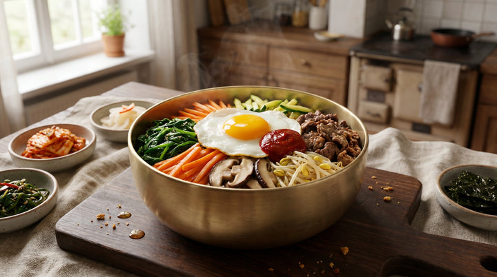 bibimbap rezept fertig serviert: gemischte koreanische Reisschüssel mit Gochujang-Sauce und Spiegelei