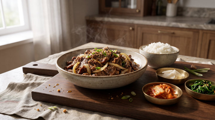 Fertiges bulgogi rezept mit karamellisiertem Rindfleisch, Reis und Sesam in Keramikschale