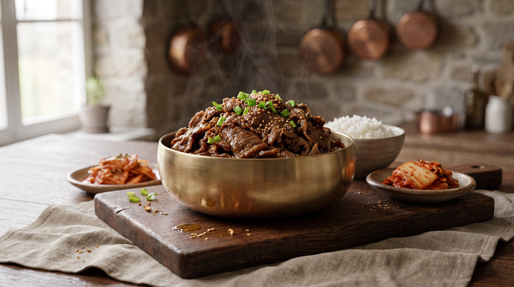 recette bulgogi terminée : bœuf coréen caramélisé au sésame servi avec riz et banchan