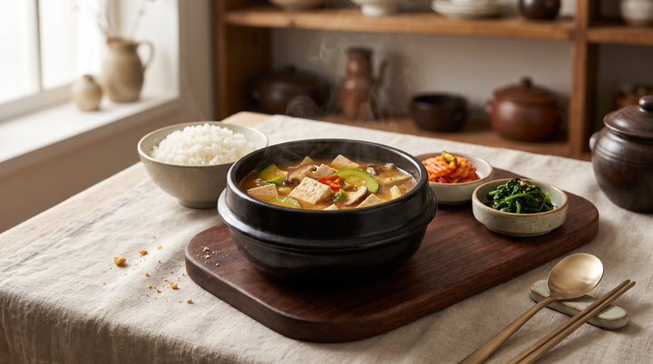 doenjang jjigae recipe — finished soybean paste stew bubbling in a stone pot with tofu and courgette