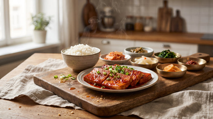 what is gochugaru — finished Korean braised tofu with red gochugaru glaze and sesame seeds