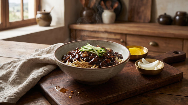 Fertiges jjajangmyeon rezept: schwarze Nudeln mit Gurkenstreifen in koreanischer Keramikschale auf dunklem Holz