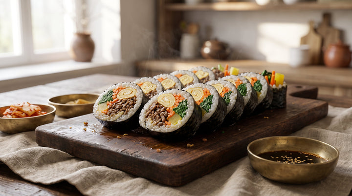 Finished kimbap recipe: sliced Korean rice rolls with sesame seeds on a wooden board