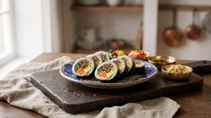 kimbap receta terminada: rodajas de kimbap con sésamo servidas en plato de cerámica coreana