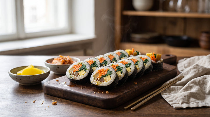 recette kimbap : rouleaux coréens tranchés au sésame sur planche en bois foncé