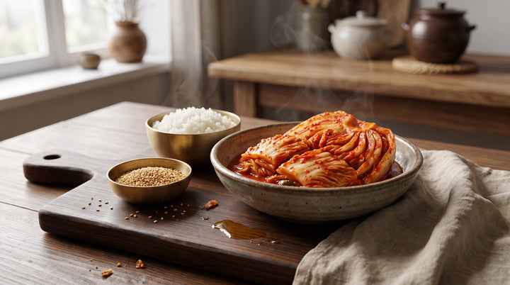 recette kimchi terminée : chou fermenté rouge vif servi dans un bol en céramique coréenne