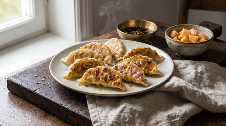 mandu receta terminada: empanadillas coreanas doradas con salsa de soja y sésamo