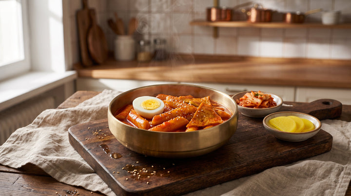 Finished tteokbokki recipe — glossy spicy Korean rice cakes topped with sesame seeds and spring onion