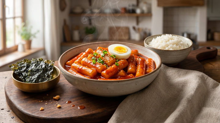 recette tteokbokki maison servie dans un bol en céramique coréenne, sauce rouge brillante et sésame