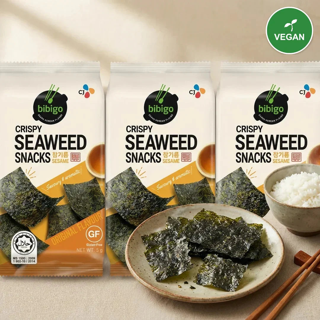 Bibigo Seaweed Snack Savory Sesame Oil Flavor Original 5g (3-Pack) - Vegan