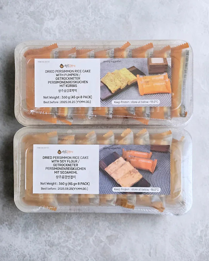 Sangju Persimmon Pumpkin Rice Cake 360g (8 pieces) - Frozen + Tteokbo's Day Persimmon Injeolmi 360g (8 pieces) - Frozen - DotAsia