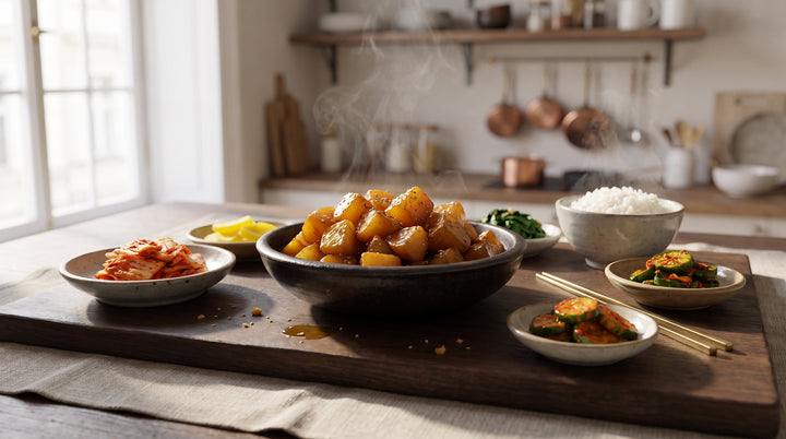 was ist banchan – fertiges Gamja Jorim mit Sesam in Keramikschale neben kleinen koreanischen Beilagen-Schälchen
