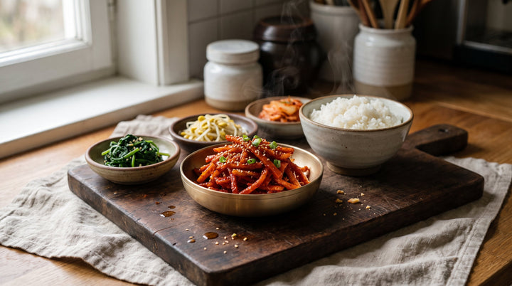 what is banchan answered on a plate: dried radish side dish with rice and small shared bowls