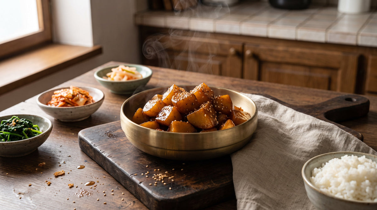 banchan c'est quoi — gamja jorim laqué au sésame servi avec du riz et des pickles coréens