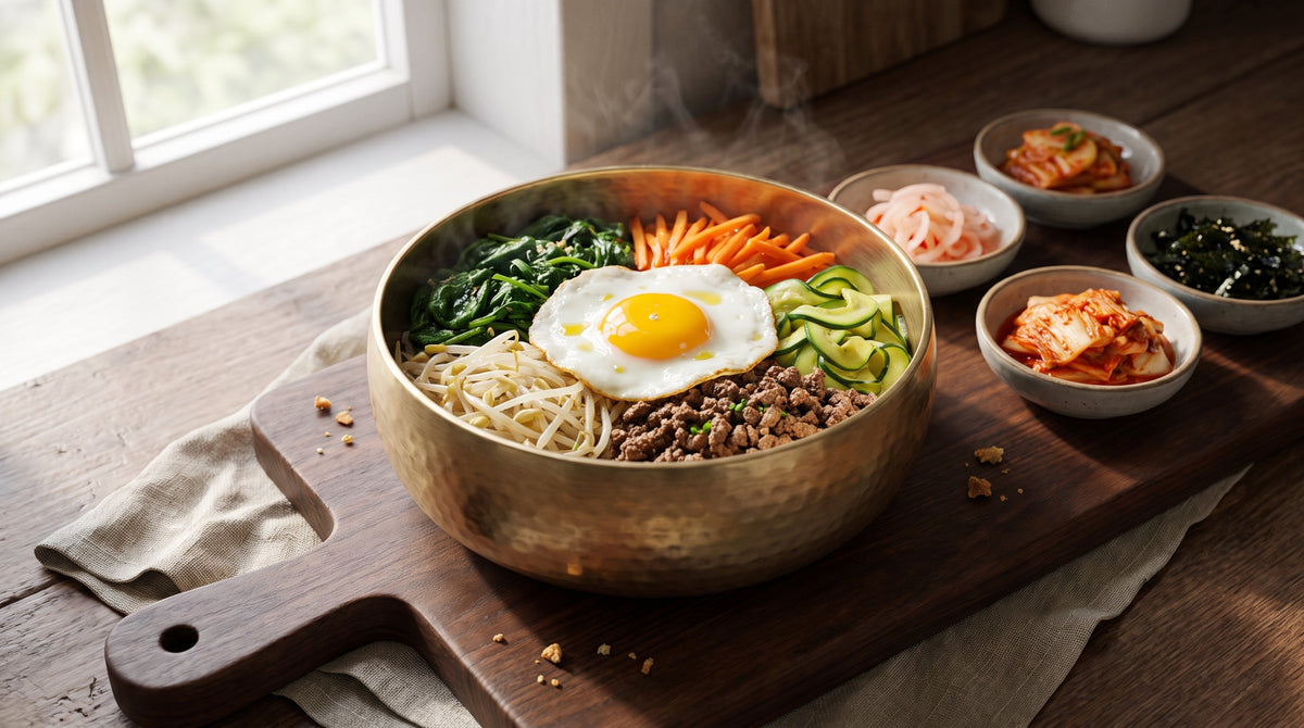 bibimbap recipe finished bowl with fried egg, seasoned vegetables and gochujang sauce