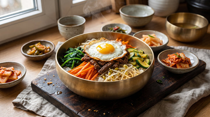bibimbap receta terminada: bol coreano de arroz con verduras aliñadas, ternera, huevo frito y salsa de gochujang