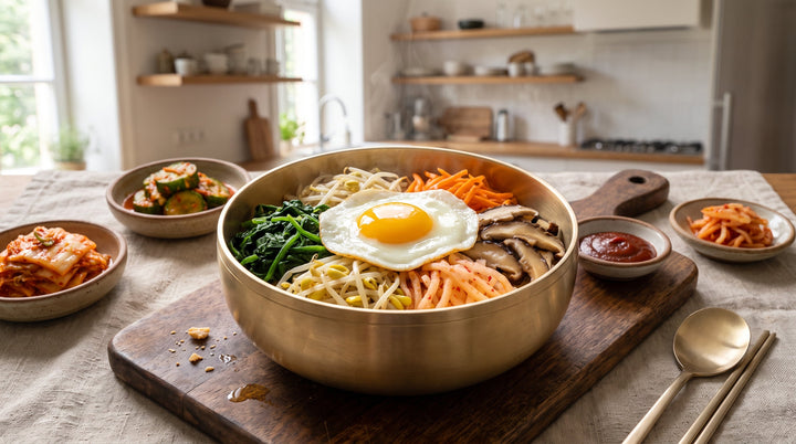 recette bibimbap terminée : bol coréen mélangé avec sauce gochujang et œuf