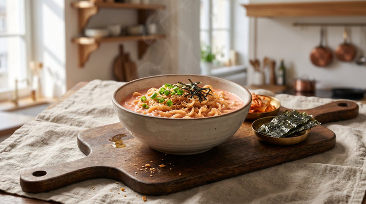 buldak ramen carbonara casero servido en cuenco coreano con cebolleta y alga