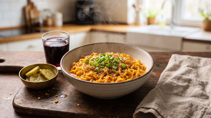 buldak ramen carbonara terminé, nouilles crémeuses orange vif garnies de sésame et d'oignon nouveau