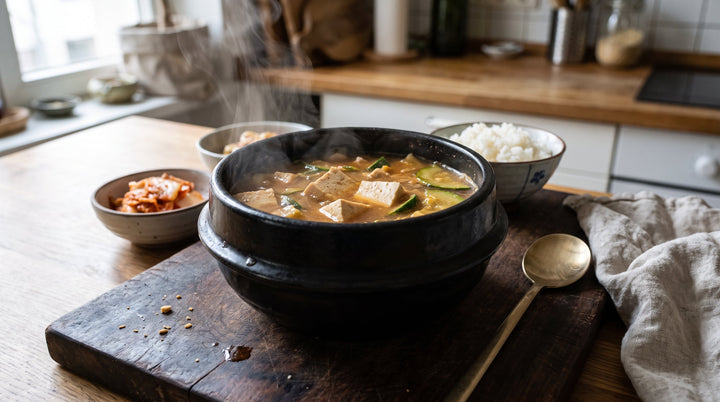 doenjang jjigae rezept fertig serviert: koreanischer Sojabohnen-Eintopf mit Tofu, Reis und Banchan
