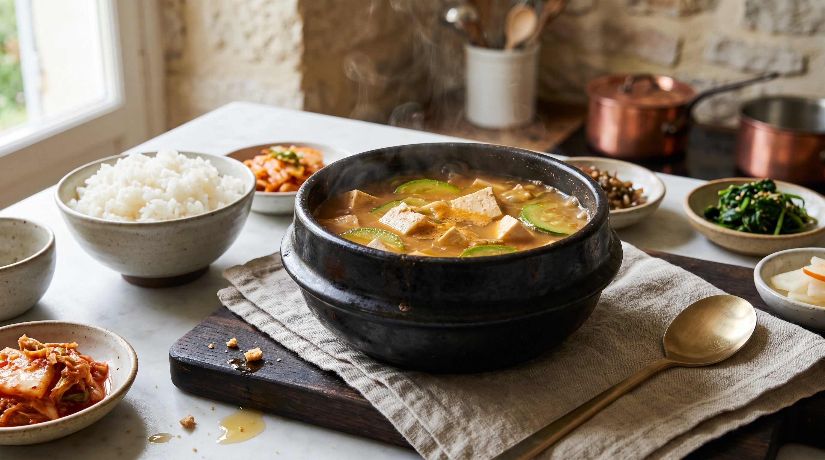 doenjang jjigae receta terminada: guiso coreano de pasta de soja burbujeante con tofu, calabacín y cebolleta en cazuela de barro