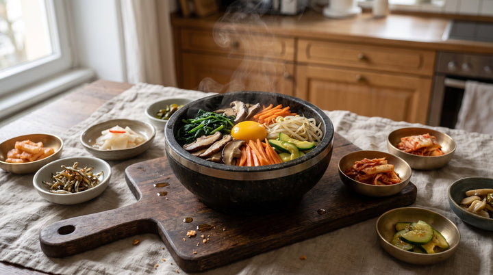dolsot bibimbap stone bowl recipe finished and sizzling, topped with egg yolk, seaweed and sesame seeds