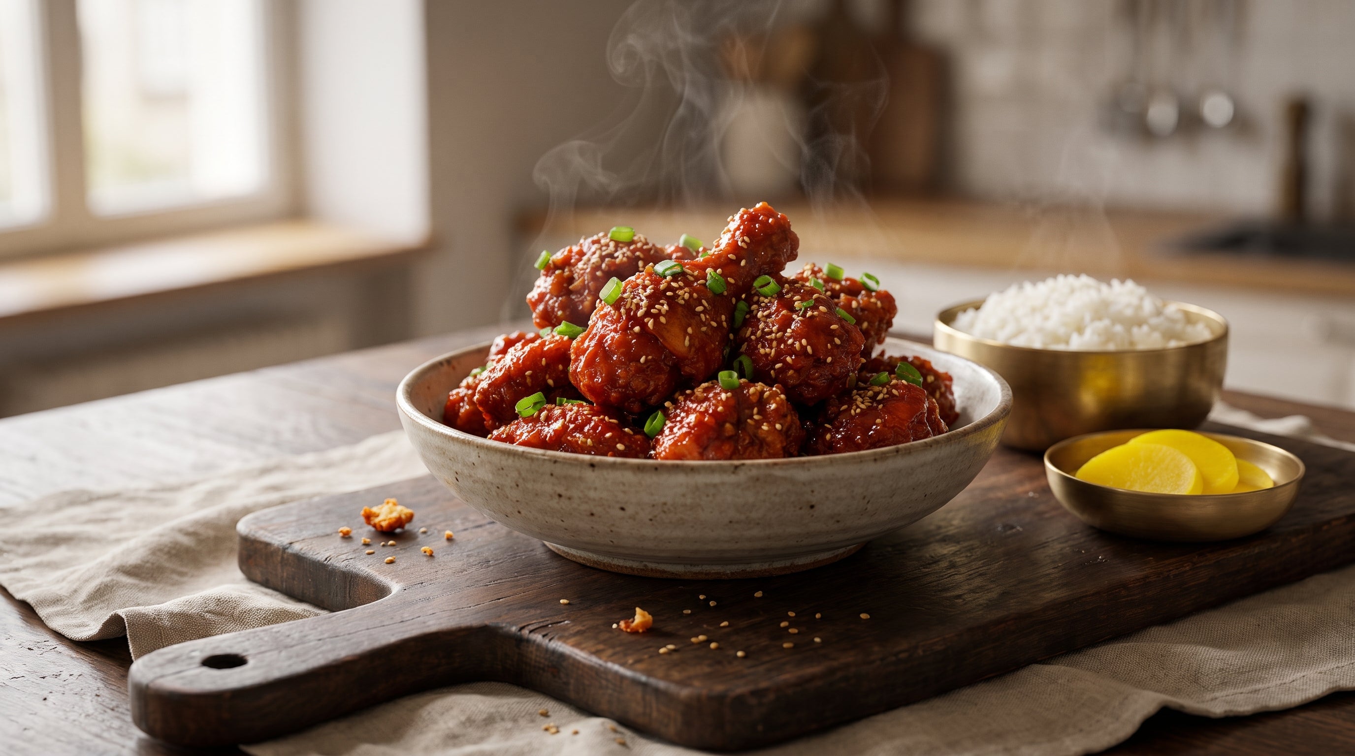 gochugaru c'est quoi : poulet laqué au piment coréen servi avec riz et sésame