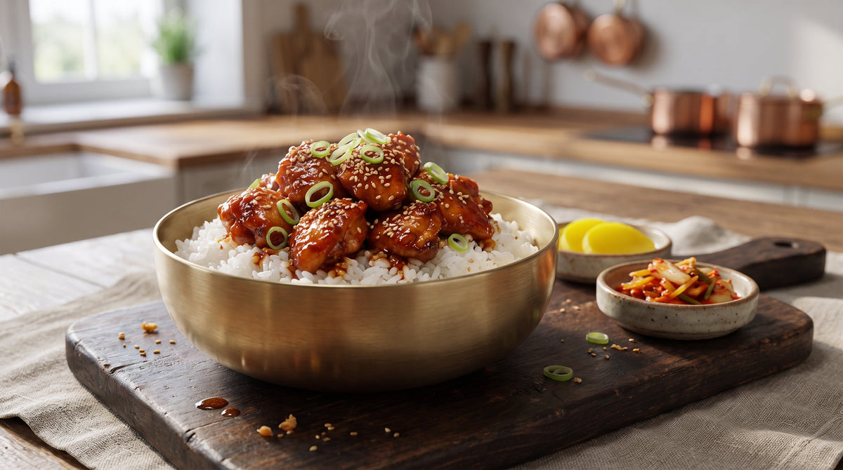 was ist gochujang – fertiges glasiertes Gochujang-Hähnchen mit Reis, Sesam und Frühlingszwiebeln
