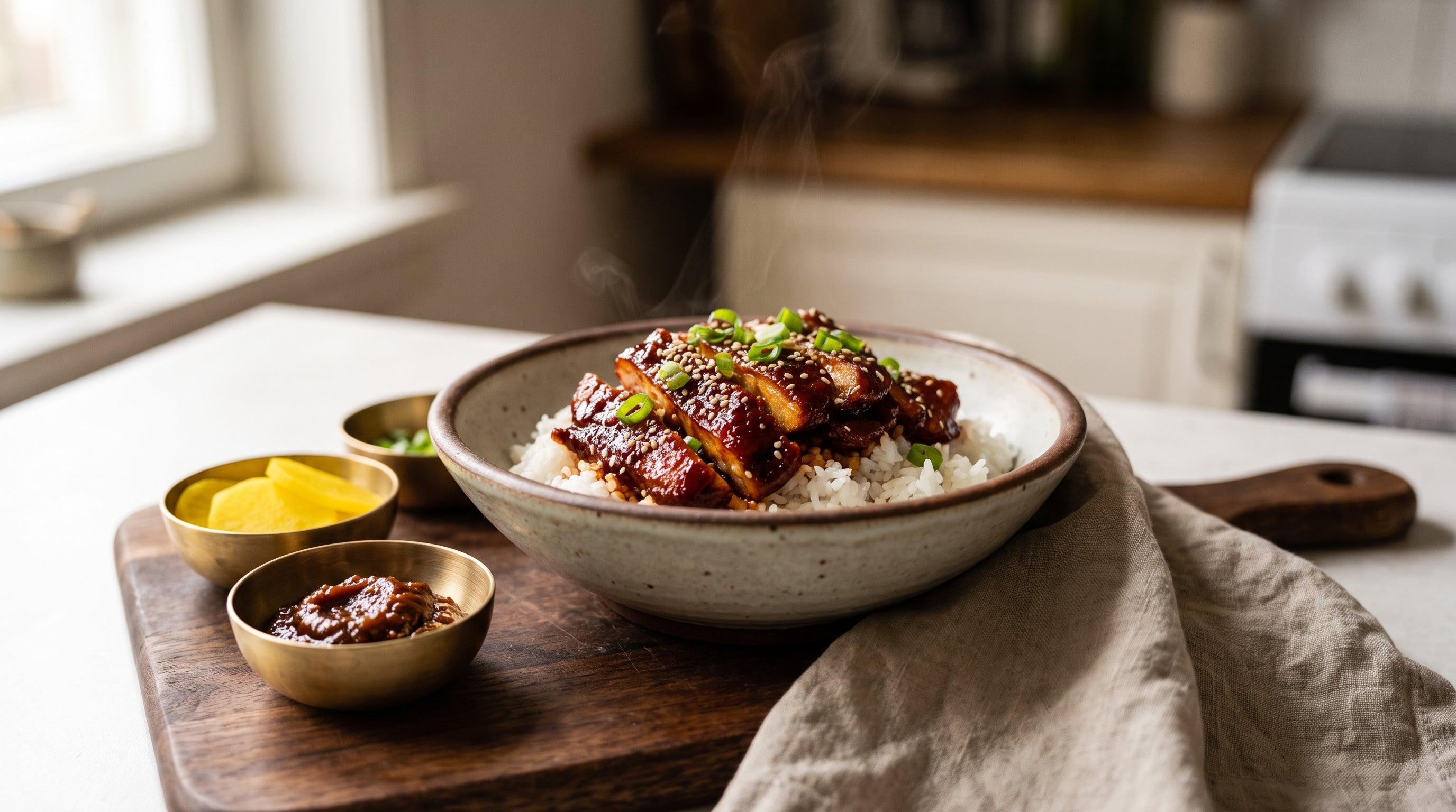 what is gochujang — sticky gochujang chicken served with rice, sesame and spring onion