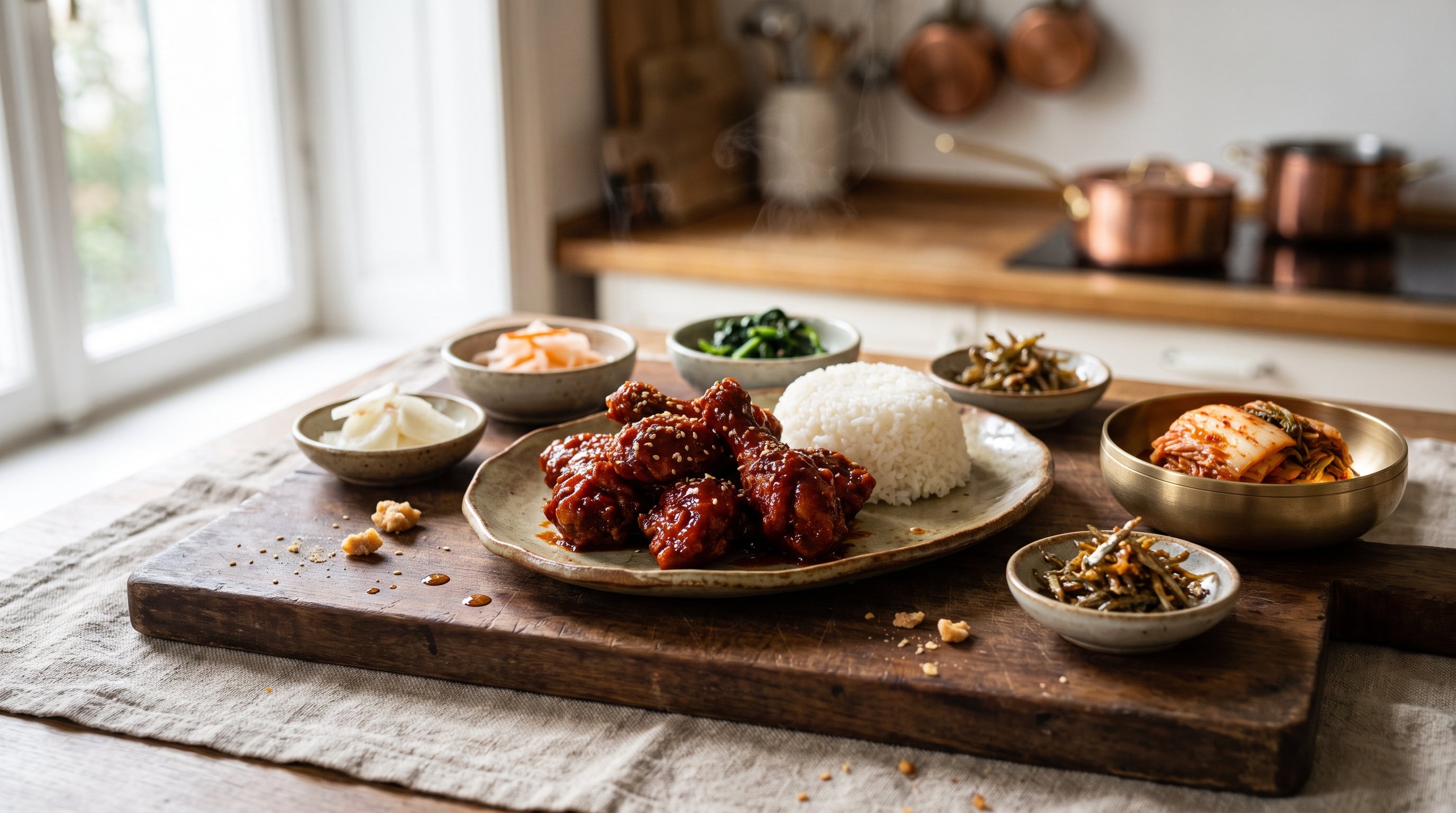 gochujang que es: pollo glaseado con gochujang servido con arroz blanco, sésamo y cebolleta