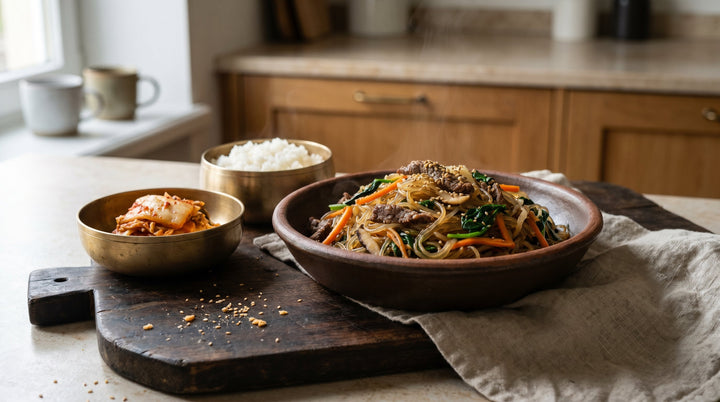 Fertiges japchae rezept auf koreanischer Platte mit Sesam und Frühlingszwiebeln