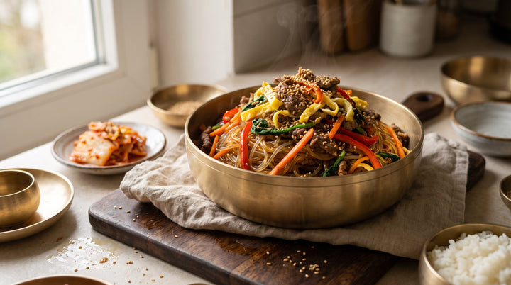 Finished japchae recipe served in a Korean brass bowl with sesame seeds and egg ribbons