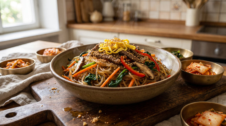 recette japchae terminée : nouilles de patate douce brillantes, bœuf et légumes, garnies de sésame