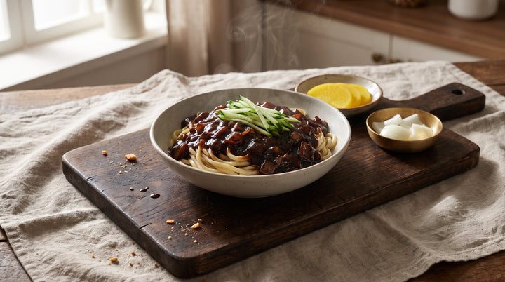 jjajangmyeon recipe finished bowl with glossy black bean sauce and cucumber garnish