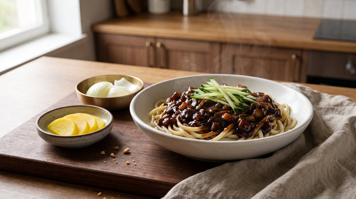 jjajangmyeon receta terminada: bol de fideos coreanos con salsa negra brillante y pepino en juliana