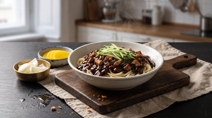 recette jjajangmyeon terminée : nouilles nappées de sauce noire brillante et julienne de concombre