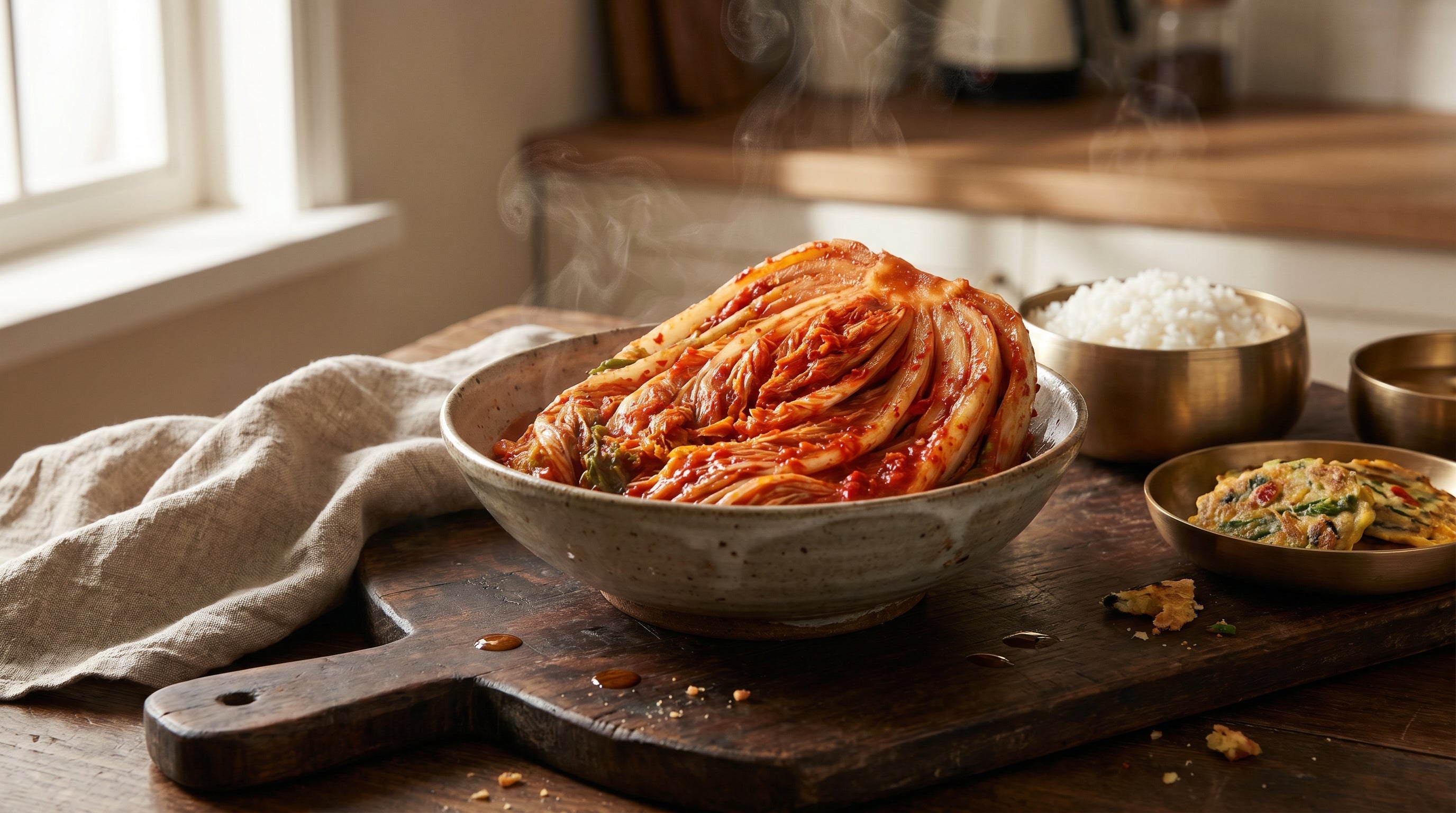 kimchi recipe — finished jar of homemade whole cabbage kimchi ready to ferment on a dark wood board