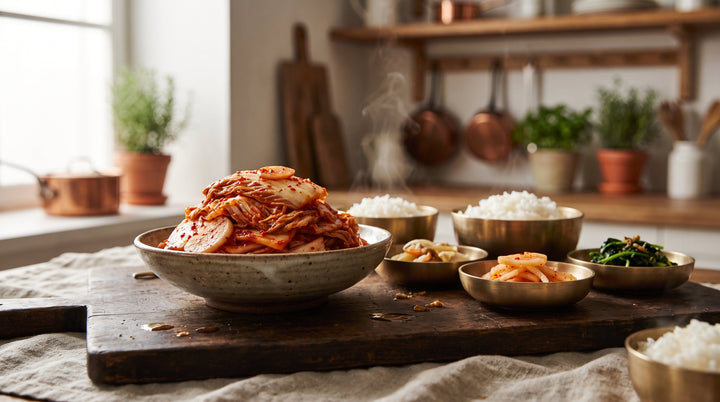 kimchi receta terminada: col china fermentada de rojo intenso en tarro de cristal