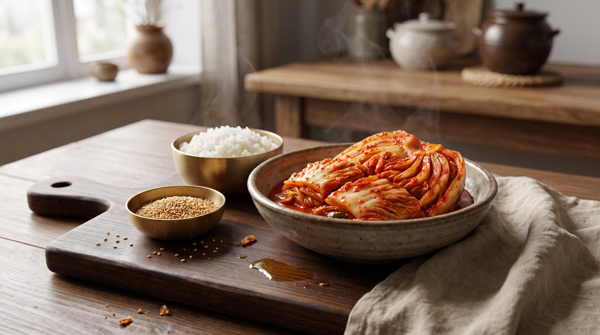 recette kimchi terminée : chou fermenté rouge vif servi dans un bol en céramique coréenne