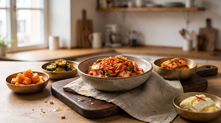 tipos de kimchi variedades servidas en cuencos coreanos junto a geotjeori recién aliñado