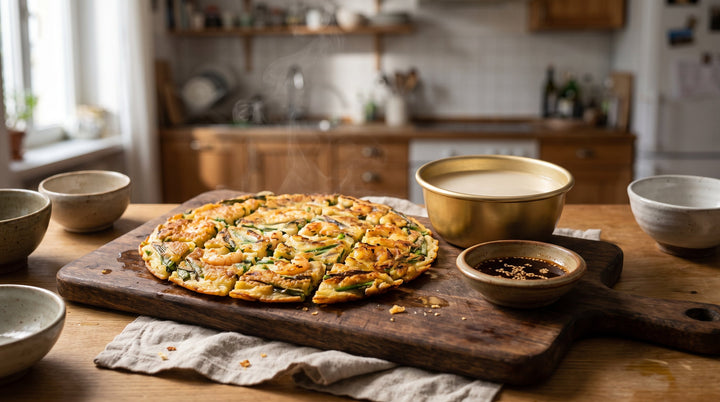makgeolli que es: cuenco de cerámica con makgeolli lechoso junto a pajeon dorado recién cortado