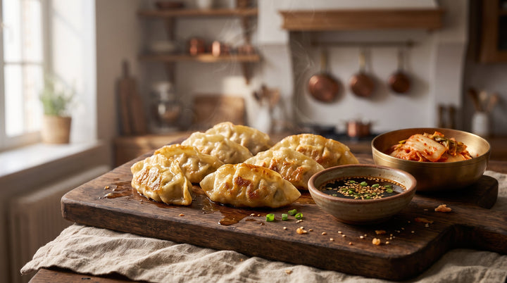 mandu rezept – goldbraun gebratene koreanische Teigtaschen mit Sojadip auf dunklem Holzbrett