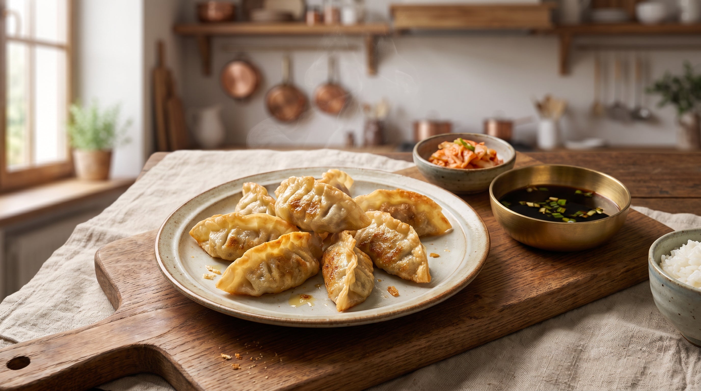 mandu recipe finished plate of crispy pan-fried Korean dumplings with dipping sauce