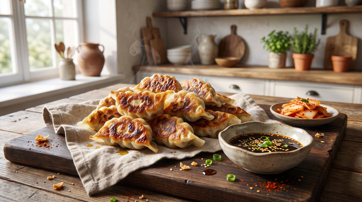 recette mandu terminée : raviolis coréens dorés servis avec sauce soja au vinaigre et sésame