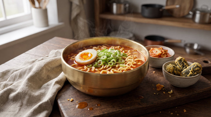 Fertige koreanische ramen mit wachsweichem Ei und Frühlingszwiebeln in Messingschüssel