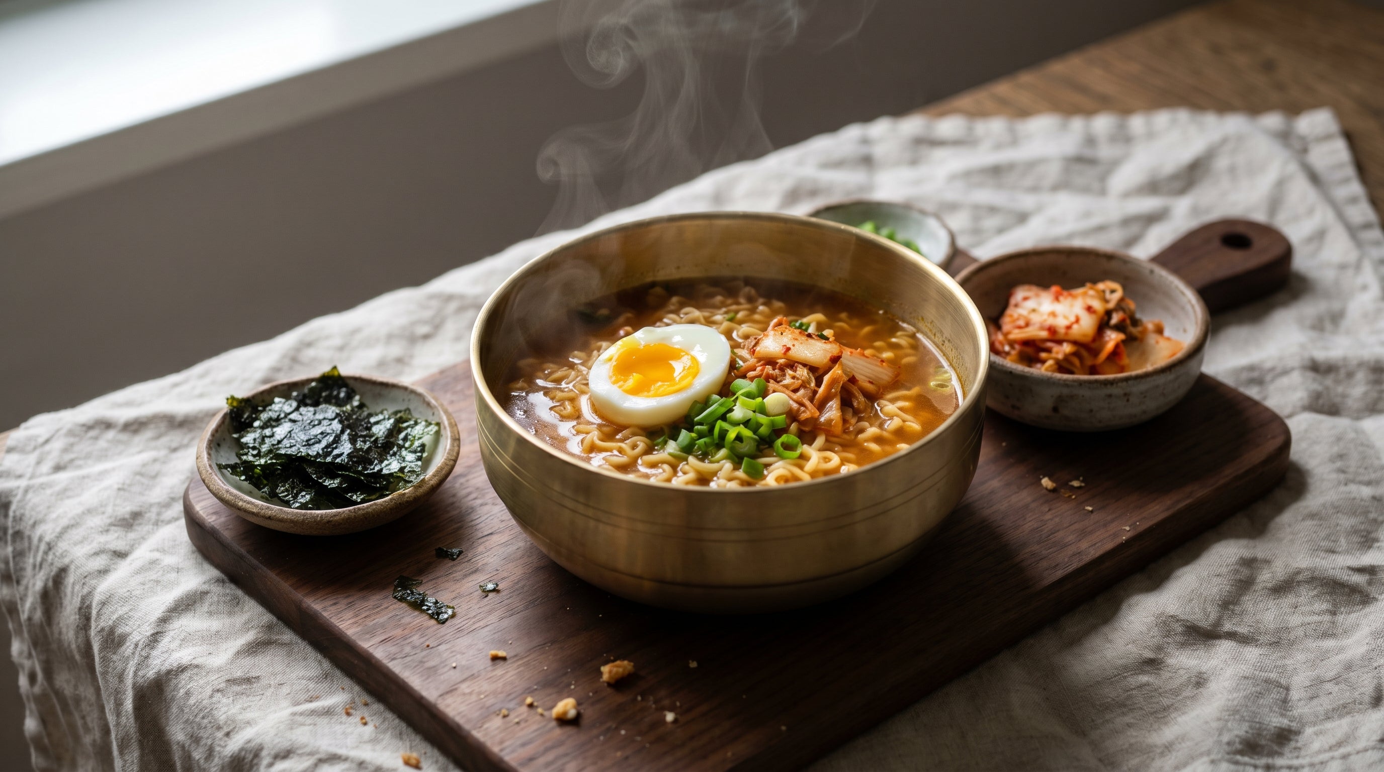 Finished korean ramen bowl with egg, kimchi and spring onion topping