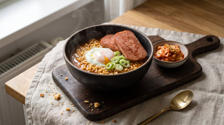 ramen coreano terminado con huevo sedoso, luncheon meat dorado y cebolleta fresca