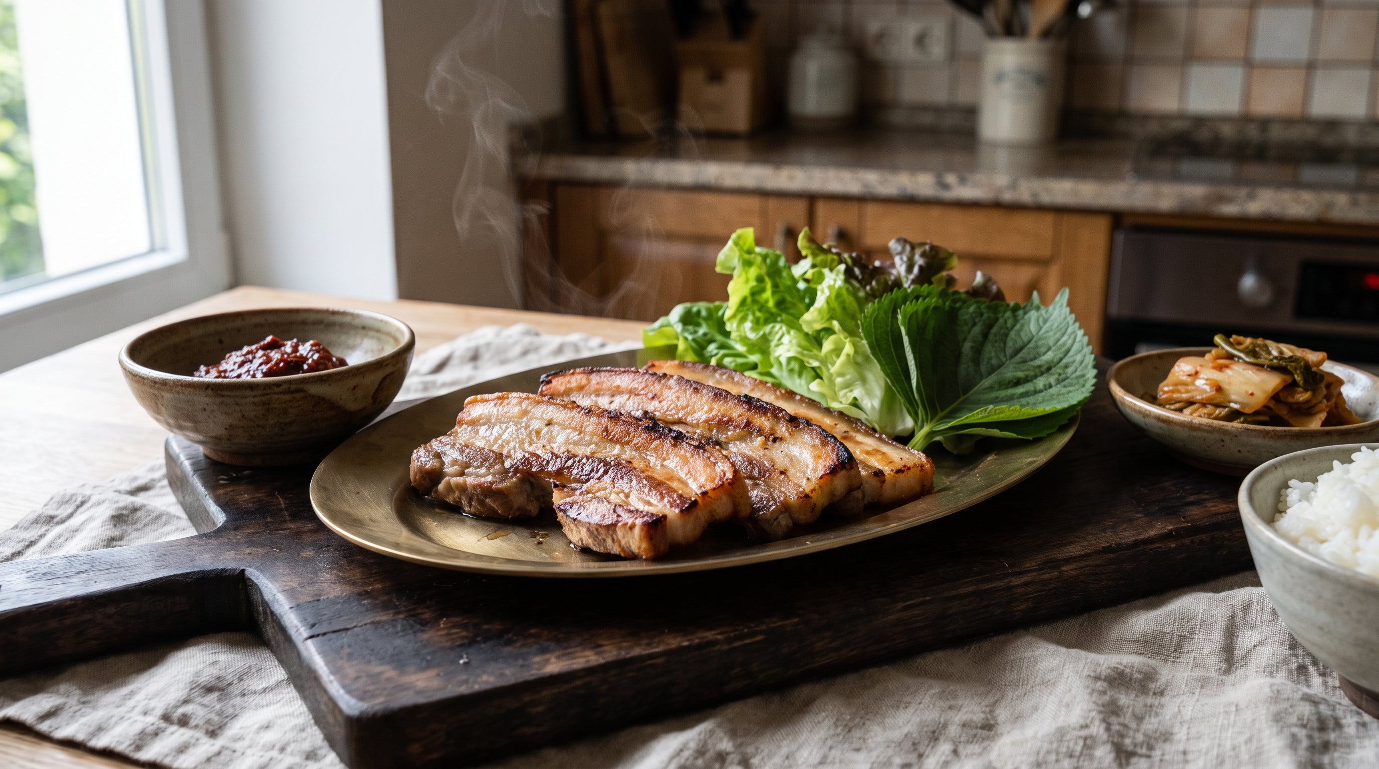 Finished samgyeopsal wrap with crisp pork belly, garlic and ssamjang in lettuce