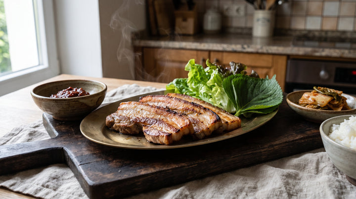 Finished samgyeopsal wrap with crisp pork belly, garlic and ssamjang in lettuce