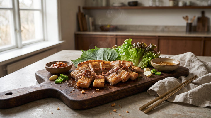 samgyeopsal maison : poitrine de porc grillée croustillante servie avec salade et ssamjang